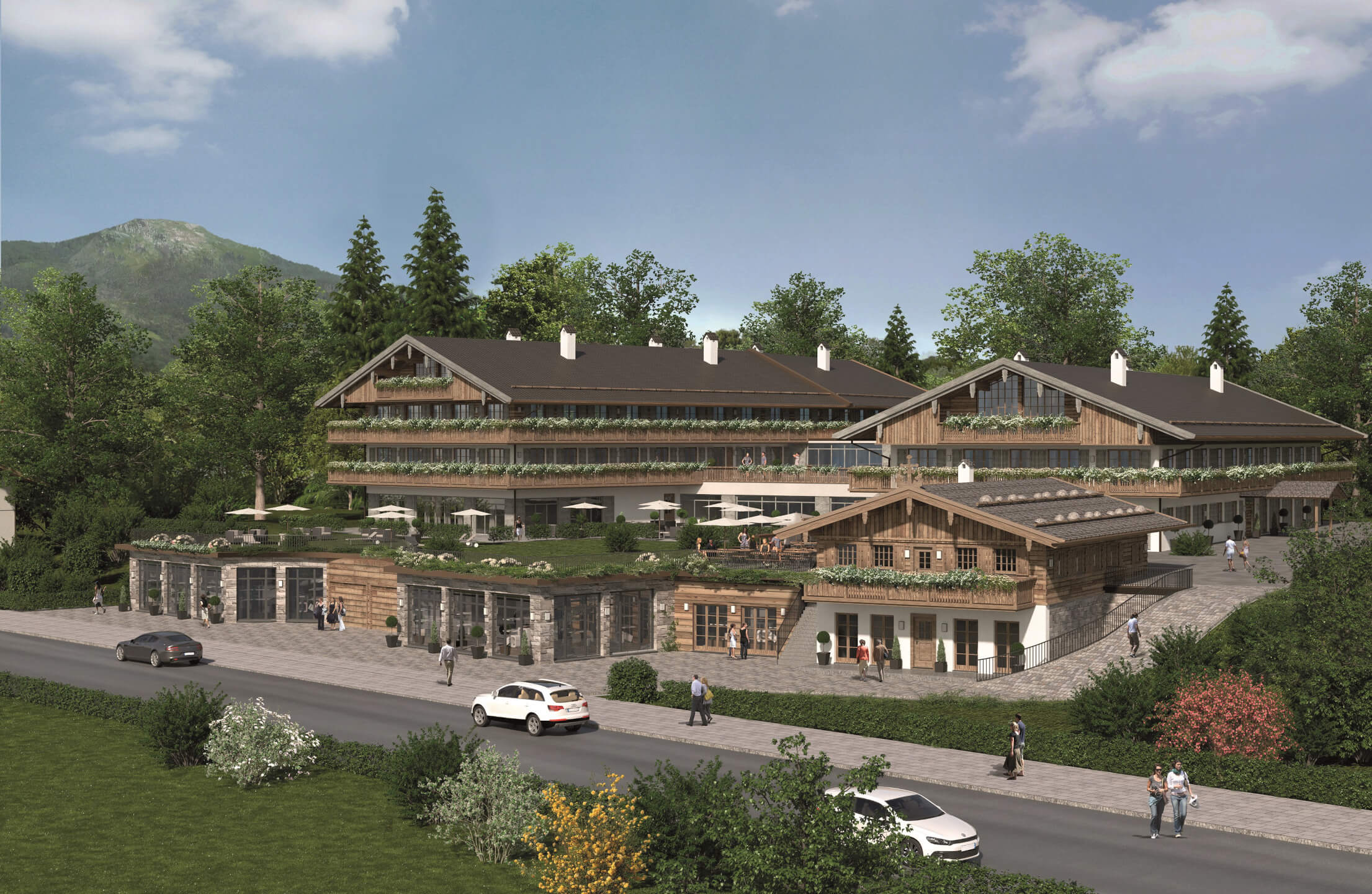 Rendering vom Severin*s Tegernsee mit Holzfassade, umgeben von Bäumen und Bergen, mit Terrasse und geparkten Autos im Vordergrund.
