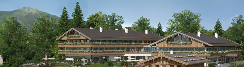 Rendering vom Severin*s Tegernsee mit Holzfassade, umgeben von Bäumen und Bergen, mit Terrasse und geparkten Autos im Vordergrund.