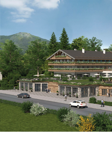Rendering vom Severin*s Tegernsee mit Holzfassade, umgeben von Bäumen und Bergen, mit Terrasse und geparkten Autos im Vordergrund.