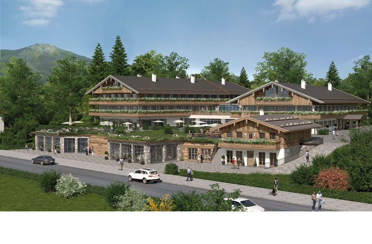 Rendering vom Severin*s Tegernsee mit Holzfassade, umgeben von Bäumen und Bergen, mit Terrasse und geparkten Autos im Vordergrund.