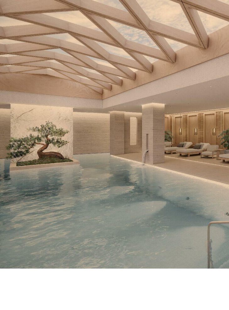 Rendering: Eleganter Innenpool mit Holzdecke, Liegen und Pflanzen im Severin*s Resort & Spa am Tegernsee.