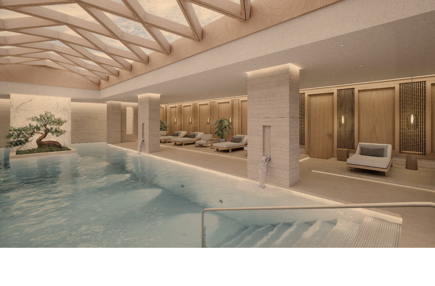 Rendering: Eleganter Innenpool mit Holzdecke, Liegen und Pflanzen im Severin*s Resort & Spa am Tegernsee.